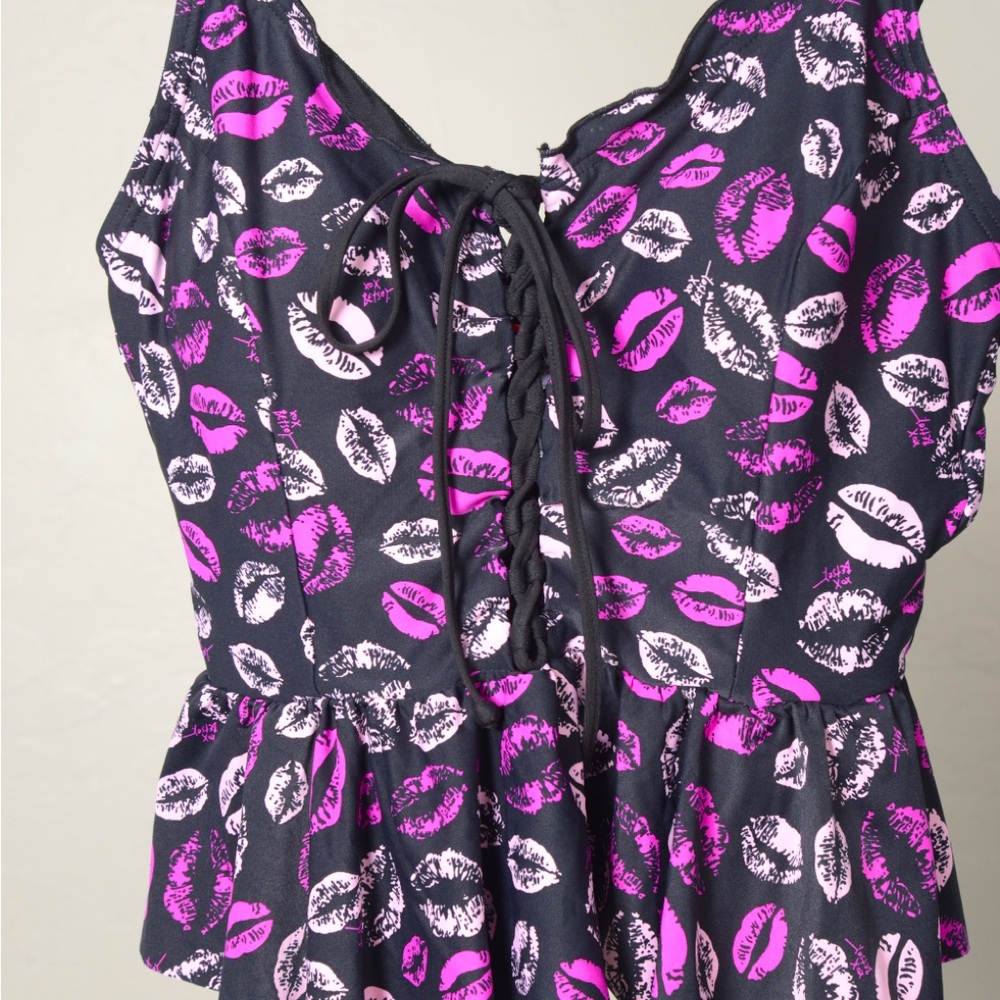 Betsey Johnson Tankini Black with Pink & White Kisses